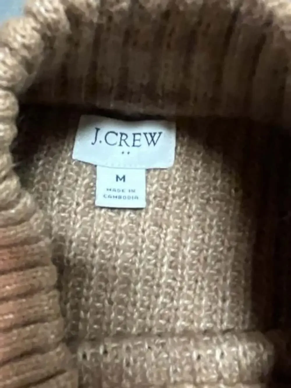 J.Crew Rib-Knit Mockneck Sweater Size M Tan Cotton Blend Button Shoulder